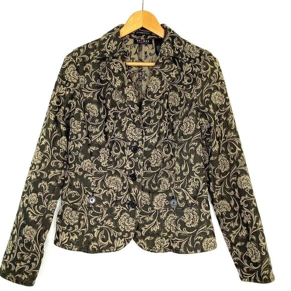 Axcess Liz Claiborne Blazer Jacket Womens 12 Stretch Woven Black Beige Floral - Picture 1 of 11